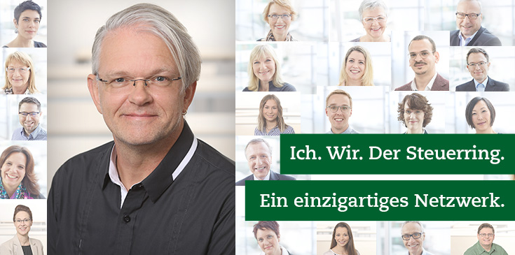 In einem Mosaik von Bildern werden verschiedene Steuerring-Berater und Mitarbeiter gezeigt. Rechts im Bild steht „Ich. Wir. Der Steuerring. Ein einzigartiges Netzwerk.“