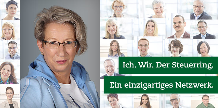 In einem Mosaik von Bildern werden verschiedene Steuerring-Berater und Mitarbeiter gezeigt. Rechts im Bild steht „Ich. Wir. Der Steuerring. Ein einzigartiges Netzwerk.“