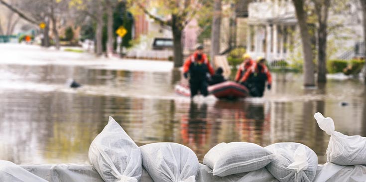 Rettungshelfer laufen durch Hochwasser in einer Stadt und ziehen ein Schlauchboot mit sich. Im Vordergrund sind Sachsäcke gestapelt.